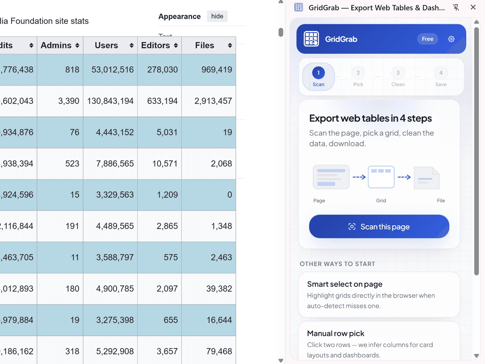 GridGrab-Seitenpanel auf einer Datentabellenseite — Scan-Schritt