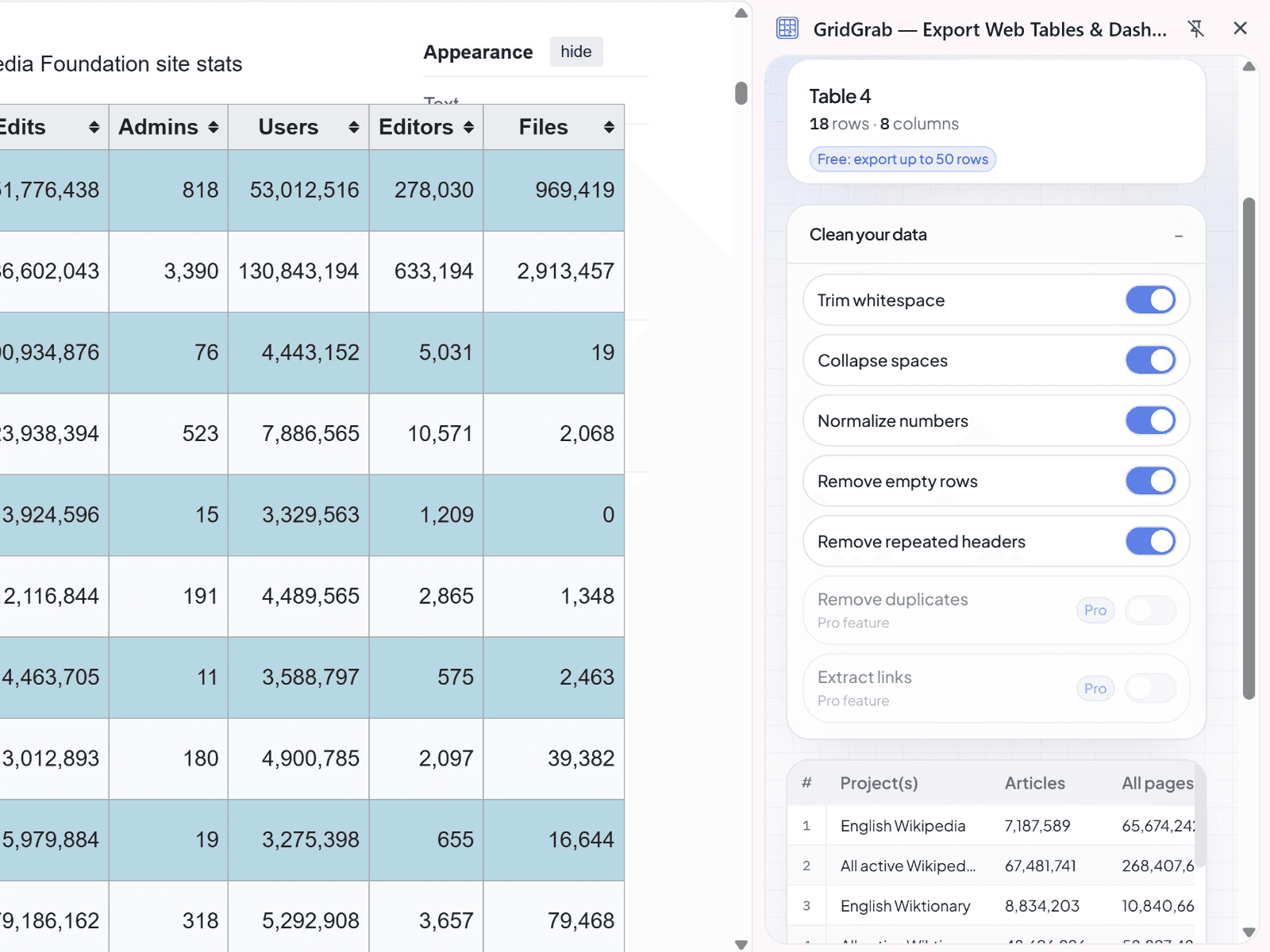 GridGrab — exportierte Daten bereinigen und in der Vorschau anzeigen